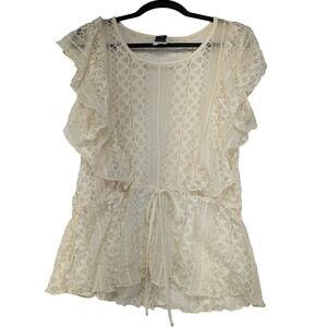 Wrapper Lace‎ Ruffle Tunic Top Ivory Crochet Drawstring Waist Medium